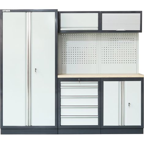 STIER Werkstatteinrichtung Basic, 3-teilig, modular, mit Lochwand und Multiplex-Arbeitsplatte, BxTxH 2275x460x2000mm