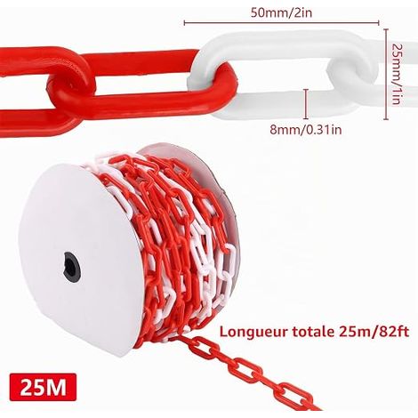 APACALI Red and White Plastic Warning Chain, 25 m, 8 mm Thick Plastic Chain for Locking Surfaces, Visible, Stable and Handy (1/4)