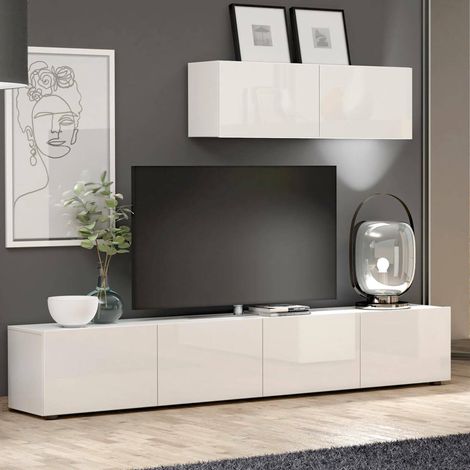 Mueble para TV Ame, un estante, Hecho en Italia, 38x225x39h cm Blanco Brillante
