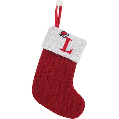 Bas de Noël décoratif en tricot polyester, broderie alphabet L, sac cadeau à suspendre avec cordelette - Rouge (1/5)