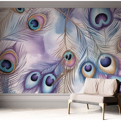 Papier peint autocollant adhésif avec imprimé motifs uniques apparence moderne Plumes de paon 312x219 cm (1/5)