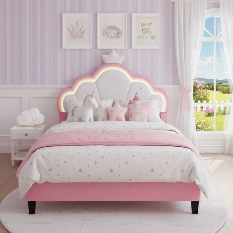 Letto Singolo Bambini/Ragazzi Principessa con Testiera Corona & LED - 140x200 cm - Rosa & Velluto Bianco