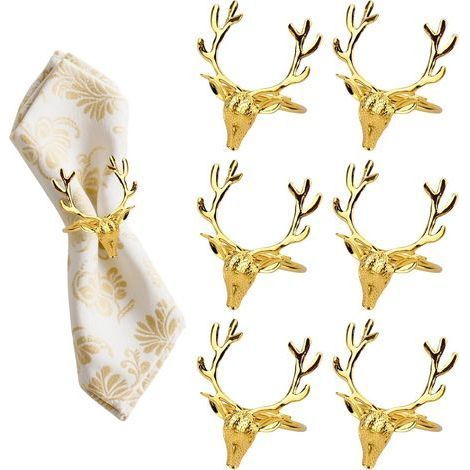 Ronds de serviette rennes de Noël, ronds de serviette dorés, lot de 6, décoration de Noël, ronds de serviette pour la décoration de table, mariage, Noël, dîner de fête (1/5)