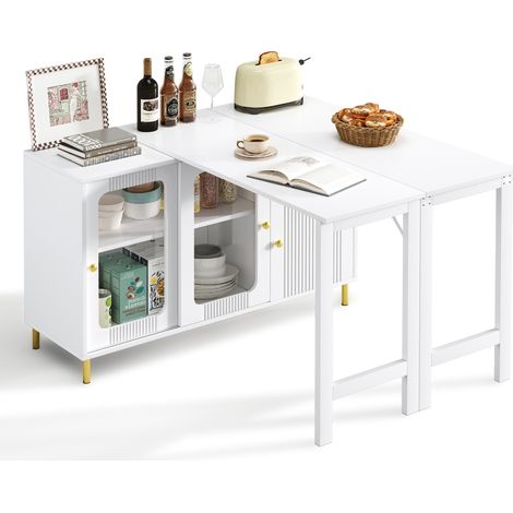Gain de place avec buffet extensible, plateau pivotant et rabattable, portes coulissantes en verre trempé (1/5)