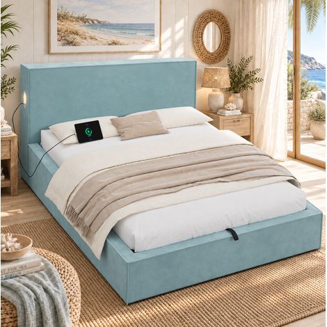 Letto imbottito 140/200 cm in velluto blu con contenitore idraulico e rete a doghe (1/5)