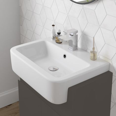Bathroom 600mm Wash Basin Sink White Gloss Modern Curved Semi-Recessed 1TH (1/4)