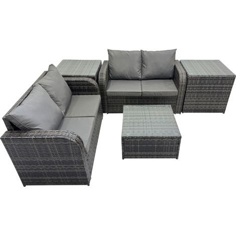 Fimous Rattan Garden Outdoor Furniture Set Love Sofa Square Coffee Table Set with 2 Side Tables Dark Grey Mixed (1/5)