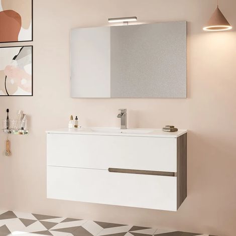 Mobile bagno sospeso 100 rovere grigio e bianco con lavabo e specchio Eva (1/5)
