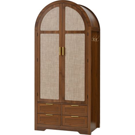 Armoire à vêtements moderne en MDF couleur noyer avec portes arrondies, penderie et tiroirs, 80x50x179 cm (1/5)