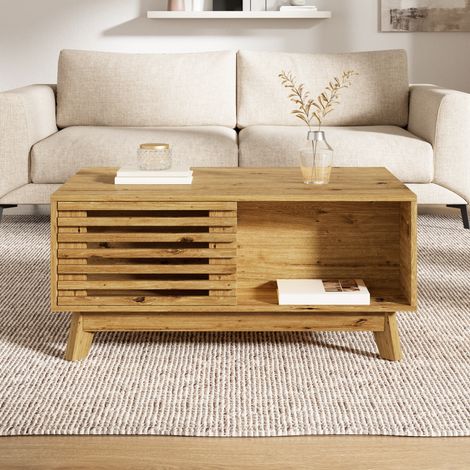 Table basse relevable rectangulaire 90x55x57,5 cm avec rangement, plateau réglable, porte coulissante à lamelles, MDF effet bois - Bois (1/5)