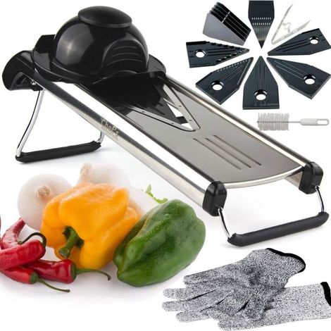 Vegetable slicer with V-blade, mandoline and julienne mandoline with 6 different inserts, cleaning brush and exclusive hand guard. Stainless steel. (1/4)