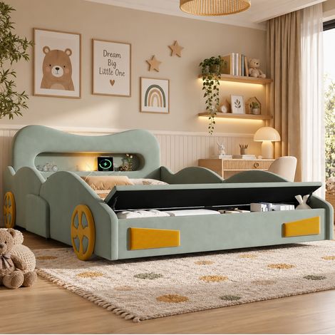 Letto auto bambini 140x200 cm in flanella verde con contenitore, senza materasso – MEUBLIV (1/5)