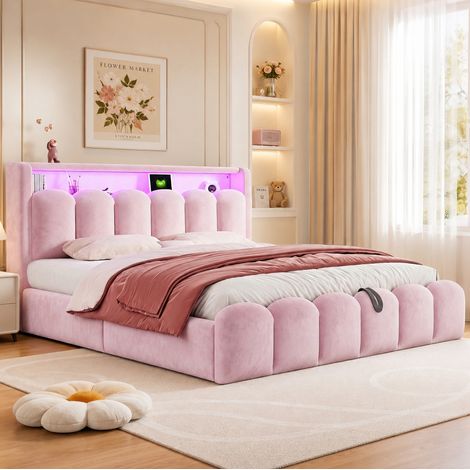 Lit double capitonné 180x200 cm rose avec rangement hydraulique, LED, USB et Type-C (1/5)