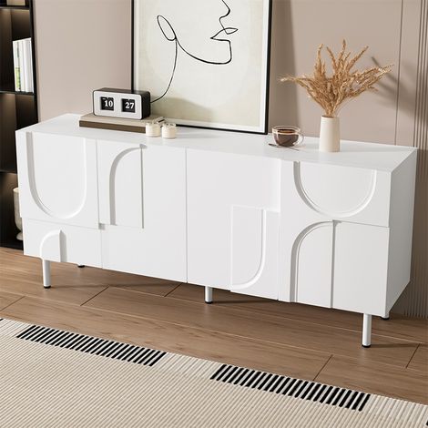 Buffet de salle à manger design géométrique, blanc moderne, meuble de rangement multifonction à courbes irrégulières (1/5)