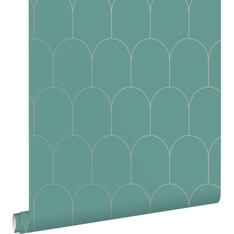 papier peint art déco bleu canard et or - ESTAhome (1/5)
