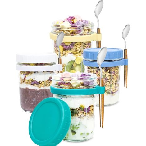 Lot de 4 bocaux Mason de 350 ml avec couvercle et cuillère pour flocons d'avoine à préparer la veille. Bocal hermétique grande capacité. (1/5)