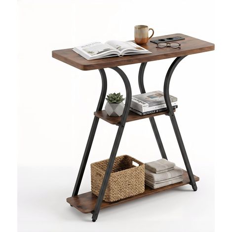 COSTWAY Console Meuble avec Multiprise, Console Entree avec Éclairage LED, 3 Étagères, Cadre Métallique, Pieds Réglables, 70,5 x 30,5 x 81,5 CM, pour Salon, Chambre, Canapé (Marron Rustique)