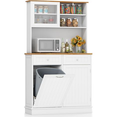 Costway – Buffet de cuisine 100 cm avec plan de travail en bois d'hévéa – 2 tiroirs – Armoire à poubelle 38 L – Rangement vaisselle et électroménagers (1/5)