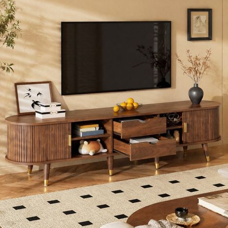 Meuble TV 175cm avec rangement, 2 tiroirs et 2 portes, poignées dorées, meuble pour salon/chambre, style campagne, MDF, marron (1/5)