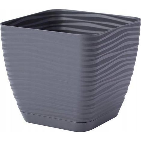 Pot de fleurs en plastique anthracite avec soucoupe, carré de 10,7 x 10 cm