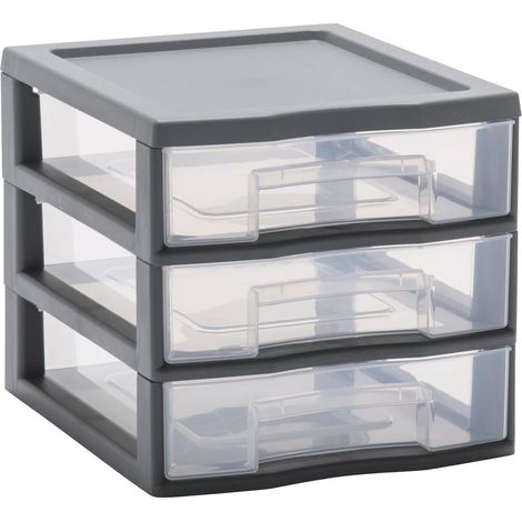 Tag Tower, petite tour de rangement en plastique gris, 3 tiroirs transparents format A6, hauteur 17 cm, superposable, idéale rangement cosmétiques, bijoux, accessoires, fournitures (1/4)