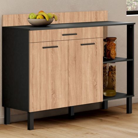 Idmarket – Buffet bas de cuisine 120 cm – Plan de travail H.83 cm – 2 portes et tiroir noir – Finition façon hêtre – Rangement optimisé