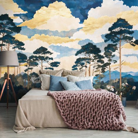 Fototapete Bäume Blau Wald Landschaft, für Wohnzimmer und Schlafzimmer, 150 x 105 cm – Komplettset inkl. Kleister & Anleitung (1/5)