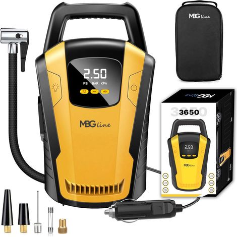 3650 Auto-Reifenfüller, 12-V-Kompressor  Autopumpe mit Digitalanzeige, LED-Leuchte und Adapterset  Reifenkompressor für Autos, Motorräder, Fahrräder und mehr