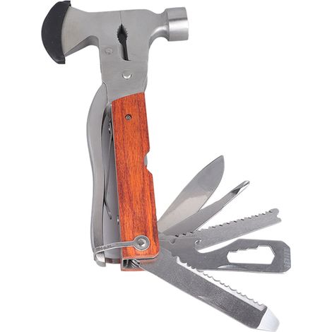 Hache multifonction acier inoxydable marteau clé hexagonale tournevis manche bois outil survie avec sac de rangement (1/5)