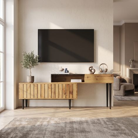 Meuble TV 129x30x58cm avec Étagères de Rangement Pieds en Métal Style Industriel Bois et Marbre (1/5)