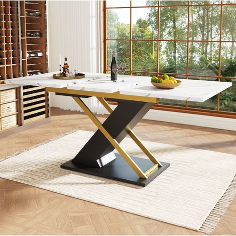 Table à manger extensible, 160×80×75.4cm, flexible, rectangulaire blanc, placage marbre, pour 6 à 8 personnes, table de salon cuisine, MDF,blanc et noir (1/5)