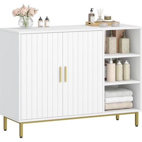 Meuble de Salle de Bain, Meuble de Rangement, Buffet Indépendant à Deux Portes, Étagères Réglables, 100 x 35 x 75 cm, Blanc et Doré (1/5)