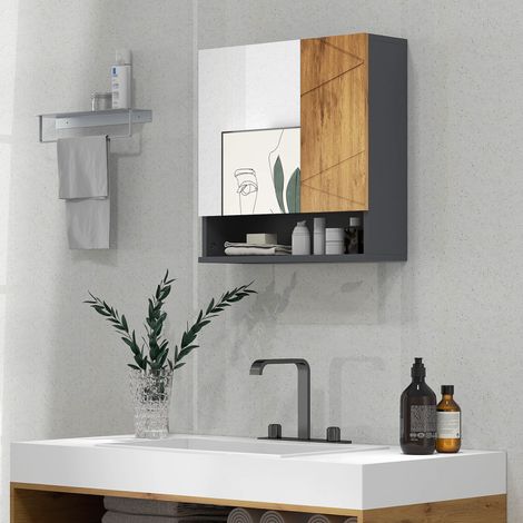 Badezimmerschrank mit Spiegel, 2 Türen, Wandaufbewahrung, 55 x 17 x 55 cm, naturdunkelgrau