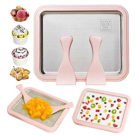 FLITI- Machine à Glaces Roulées en Acier Inoxydable 304, 26 x 21 cm, Rose, avec 2 Spatules, Sans Électricité, pour Glacés Roulés, Yaourts Glacés et Sorbets (1/5)