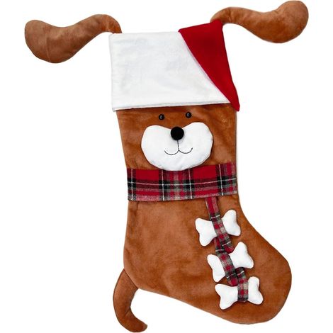 Calcetín navideño para perros, calcetín de peluche con forma de cachorro, gorro de Papá Noel y huesos de patita, adorable decoración navideña para la repisa de la chimenea con temática de mascotas. (1/5)