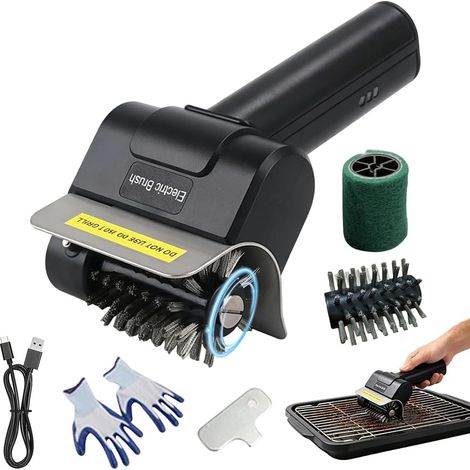 Brosse de nettoyage électrique pour barbecue électrique rechargeable, en acier inoxydable, avec gants antidérapants, clé à molette, câble de charge (D) (1/5)
