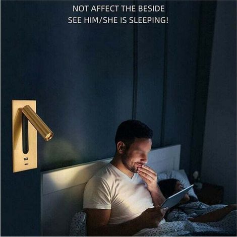 Applique murale liseuse LED orientable 350°/90° – Lampe chevet USB encastrée en laiton – Économie 80%, installation rapide