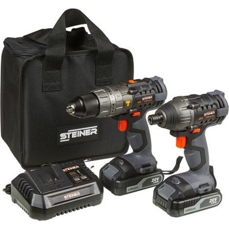 Steiner – Pack de perceuse percussion et visseuse à choc 20V – 2 batteries 2.0Ah – Moteur DC 4 pôles – Couple 180Nm pour vissage rapide