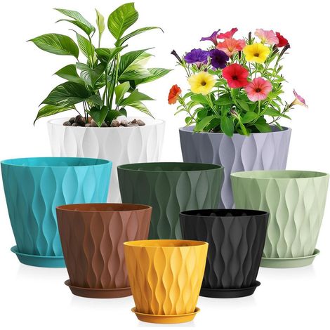 Lot de 8 pots de fleurs en plastique avec soucoupes, design ondulé 3D, intérieur/extérieur (1/5)