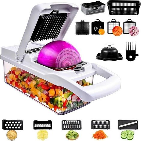 15 en 1 Coupe Oignons Cuisine Manuel Multifonctions, Decoupe Legumes Amovible Professionnelle avec 7 Lames Acier Inoxydable (1/5)