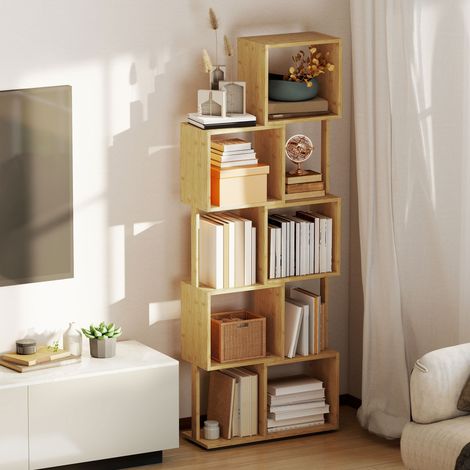 Bibliothèque asymétrique moderne en bambou à 5 niveaux. 62,5 x 23 x 165 cm. Couleur bois naturel. (1/5)