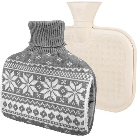 Bouillotte avec couvercle Bouillotte 1L Housse tricotée amovible et lavable pour bouillotte Bouillotte Cadeau pour adultes et enfants (Gris) (1/4)