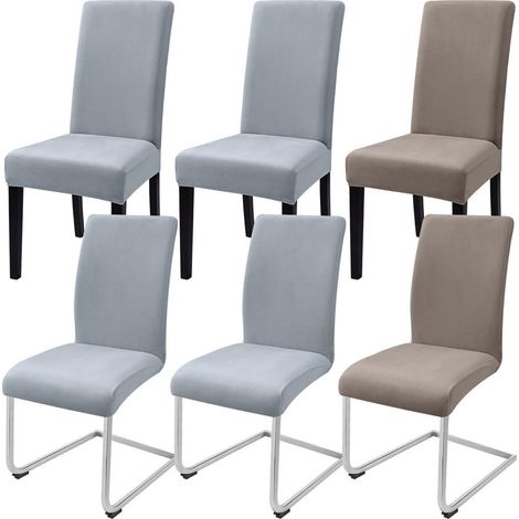 6er Set Stuhlhussen aus Samt für Esszimmerstühle, Schwingstühle, Freischwinger (Hellgrau & Champagne) (1/5)
