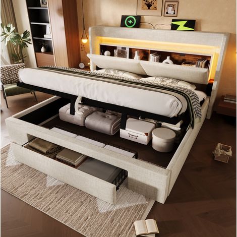 Polsterbett 160/200 cm beige aus Leinen mit LED, USB-C und hydraulischem Stauraum (1/5)