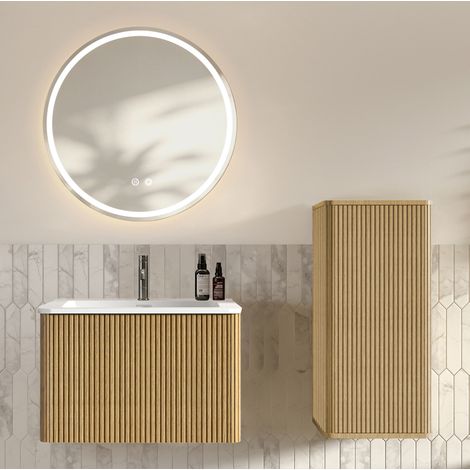 Meuble salle de bain avec vasque, miroir LED rond et meuble colonne, 60 cm, chêne (1/5)