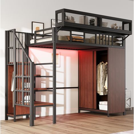 Lit mezzanine 90/200 cm noir en métal et bois avec armoire, échelle de rangement et éclairage LED (1/5)