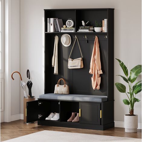 Appendiabiti con panca porta scarpe, autoportante, 6 ganci tripli, 120 x 40 x 191 cm, Nero OKMYHOME (1/5)