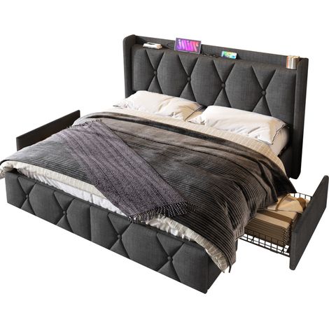 Lit rembourré 140x200 cm avec 4 tiroirs, tête de lit avec prises et USB, matelas 7 zones, gris, gain de place pour chambre adulte - CHICFURN (1/5)