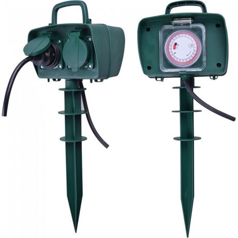 V-TAC VT-1112-3 Presa elettrica da giardino con timer e picchetto 2 prese 16A con cavo 3M corpo verde IP44 - SKU 8811