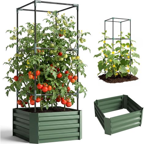 Carré Potager avec Treillis Bac à Fleurs pour Tomates et Plantes Grimpantes Jardinière Fond Ouvert Vert 61x61x140 cm (1/5)